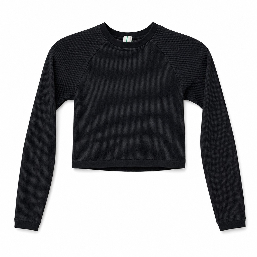 Aerie Offline Crop Top‎ Small Black Waffle Knit Long Sleeve Thumbhole